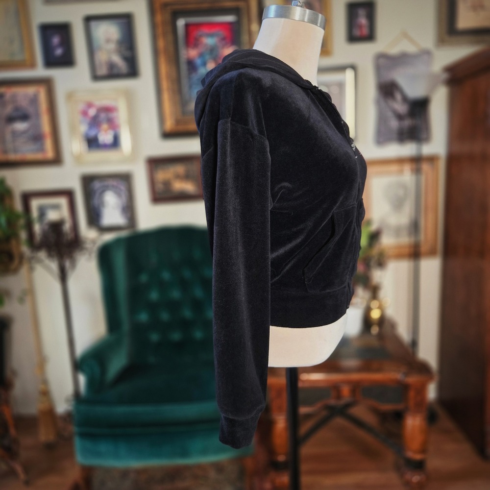 Velour Zip Up Hoodie SWS Athletics Black Cherry Rhinestone Y2K Cropped XS Jacket - Picture 5 of 6